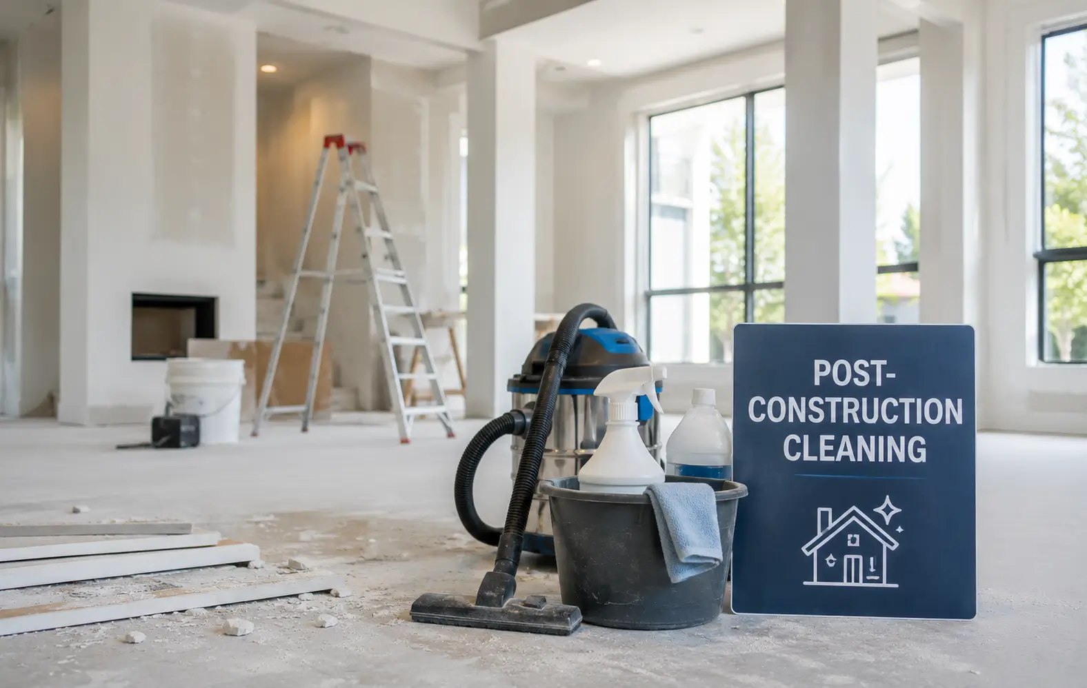 Post-construction cleaning equipment set up inside a newly built San Diego home